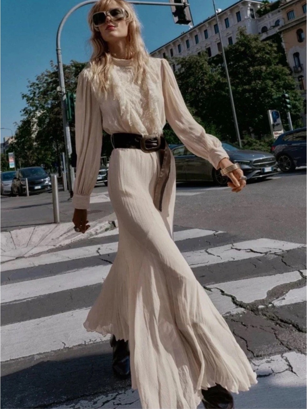 ZARA Cream Pleated Ruffled Boho Maxi Dress with Long Puff Sleeves - Picture 4 of 16